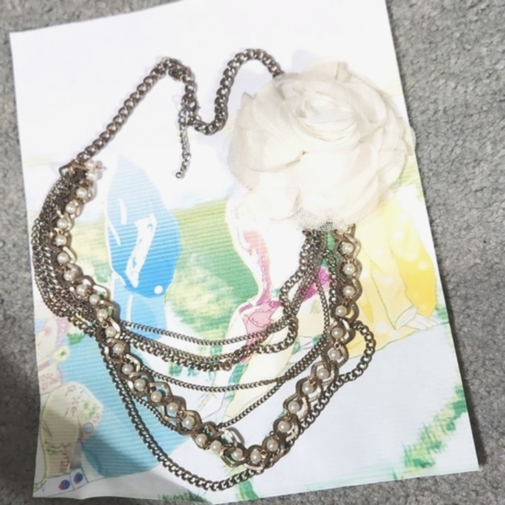 Multistrand assymetrical floral faux pearl chain neckalace